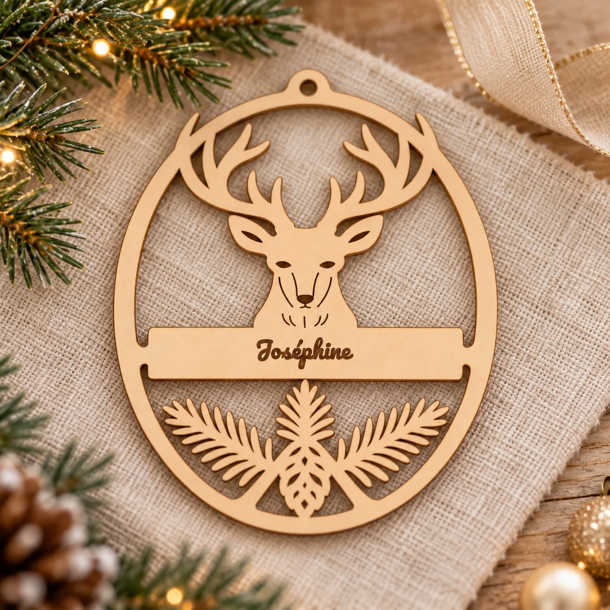 Boule de Noël Epicéa en bois ajouré personnalisée au prénom