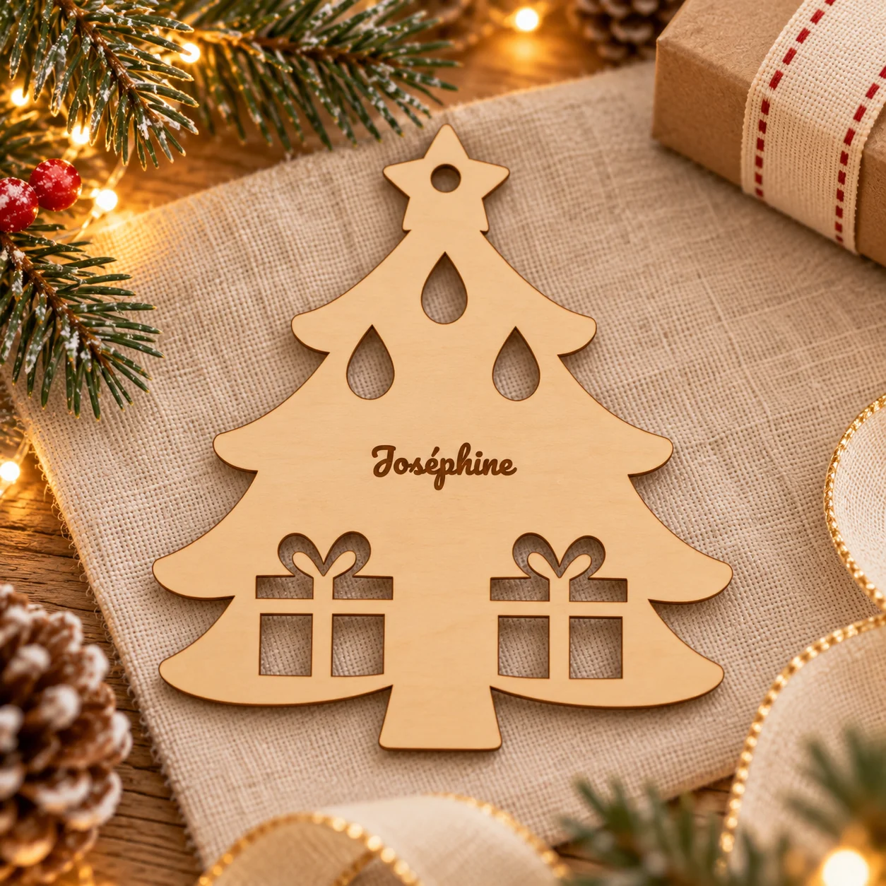Boule de Noël Epicéa en bois ajouré personnalisée au prénom