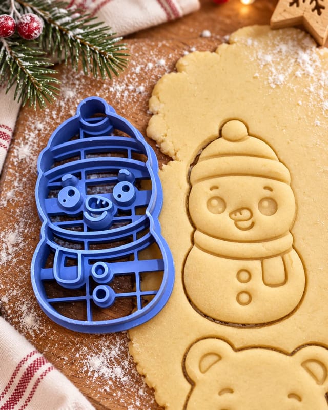 Koekjesuitsteker sneeuwpop met stempel — zandkoekjes voor Kerstmis