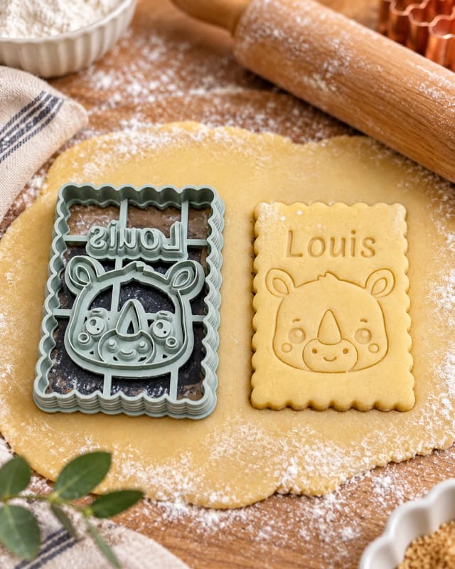 Emporte-pièce rhinocéros personnalisé prénom — biscuit rectangulaire
