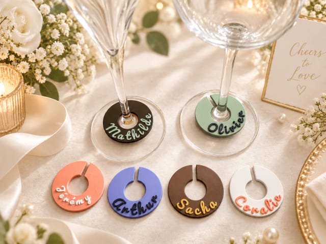 Round glass marker personalized with name — for glass stems