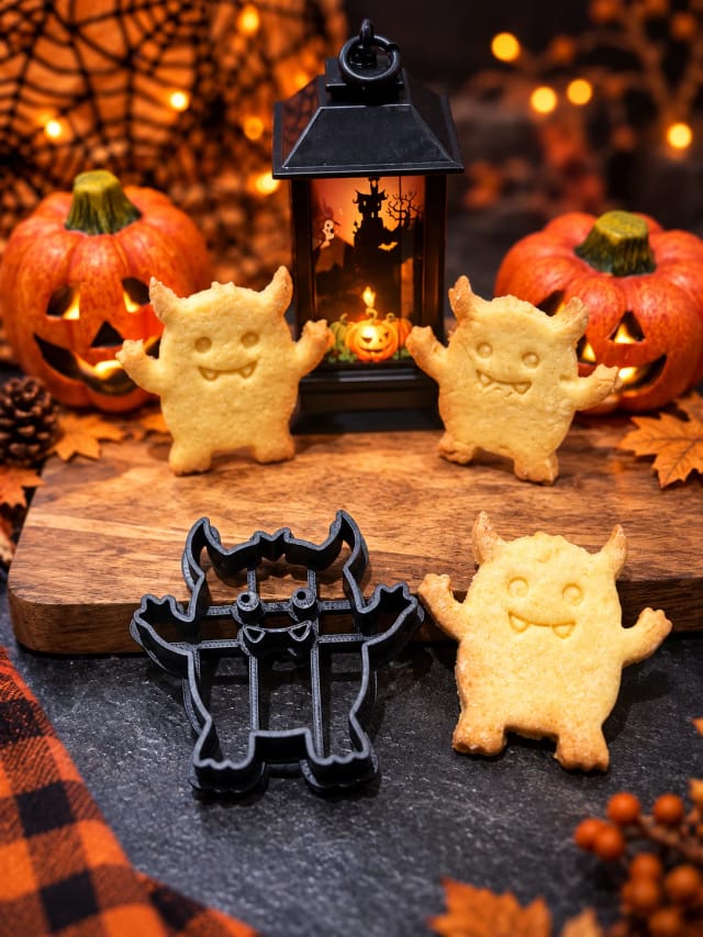 Koekjesuitsteker monster met stempel — zandkoekjes voor Halloween